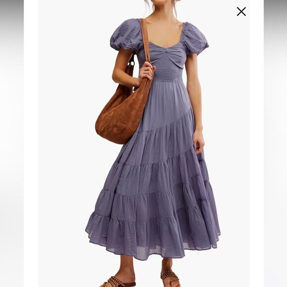 Free People Dresses & Skirts - NWOT Free People Boho Sundrenched Smocked Puff Sleeve Maxi Blue Granite- M